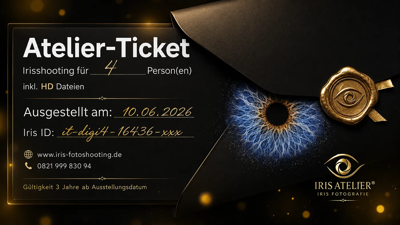 Atelier-Ticket als hochwertiger Iris-Gutschein im schwarz-goldenen Design